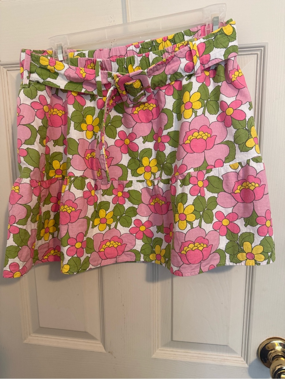 Show Me Your MuMu Pink Floral Tiered Mini Skirt with Green and Yellow Accents